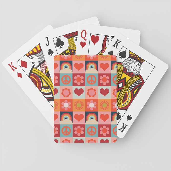 zazzle, buy, shop, game, 60s, retro, poker cards, vintage, colorful, flower power, peace sign, hearts, flowers, rainbows, grid pattern, sun