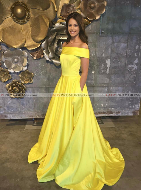 Satin A-Line/Princess Yellow Off The Shoulder Prom Dresses