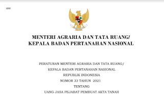 Download Peraturan Menteri Agraria Dan Tata Ruang/ Kepala Badan Pertanahan Nasional 33 Tahun 2021 Tentang Uang Jasa Pejabat Pembuat Akta Tanah