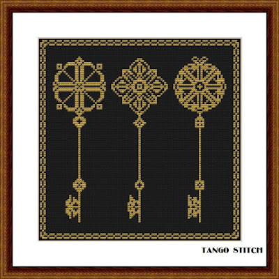 Cute Gold vintage key set easy cross stitch embroidery pattern