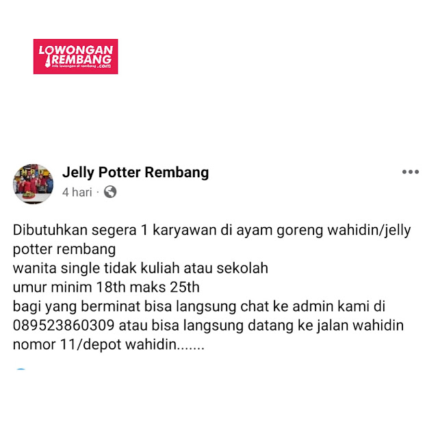 Lowongan Karyawan Rumah Makan Ayam Goreng Depot Wahidin Jelly Poter Rembang