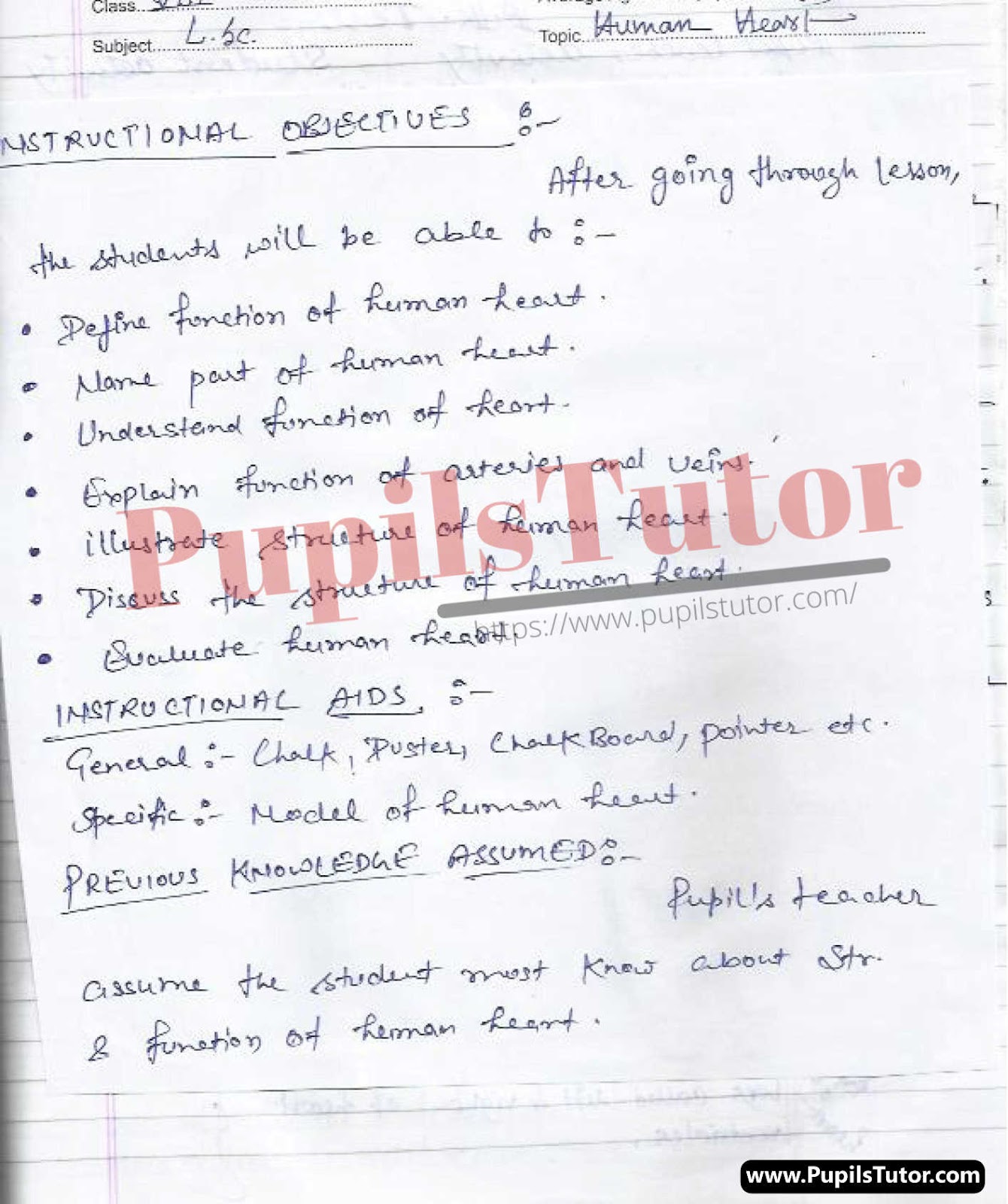 Biological Science Lesson Plan For Class 10 On Structure And Functions Of Human Heart – (Page And Image Number 1) – Pupils Tutor