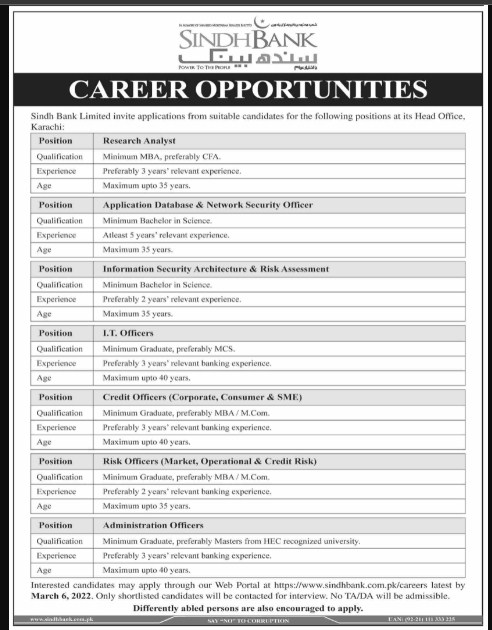 Sindh Bank Limited's latest Jobs 2022