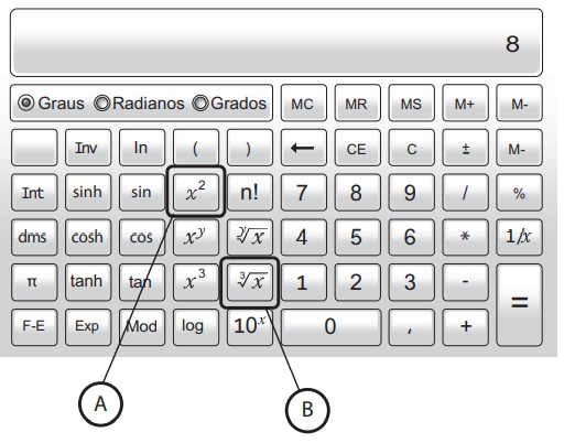 A imagem representa uma calculadora cientifica com duas teclas destacadas A tecla A eleva ao quadrado o número que está no visor da calculadora, e a tecla B extrai a raiz cúbica do número apresentado no visor.