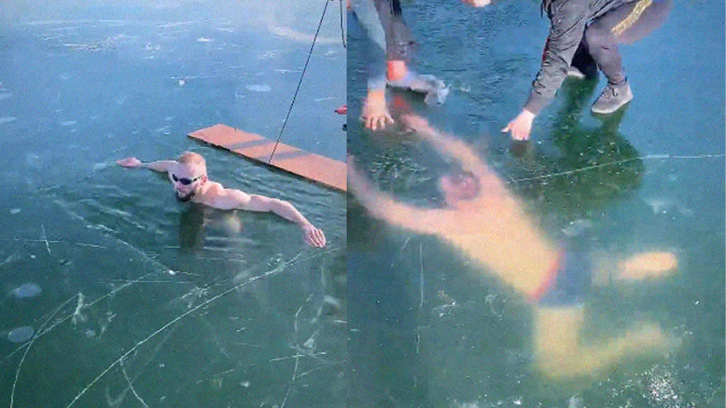 Nadador tenta travessar lago congelado e acaba ficando preso; veja o vídeo
