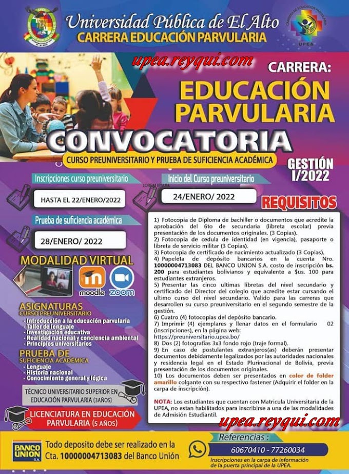 Educación Parvularia UPEA I/2022: Convocatoria al Curso Preuniversitario y Prueba de Suficiencia Académica