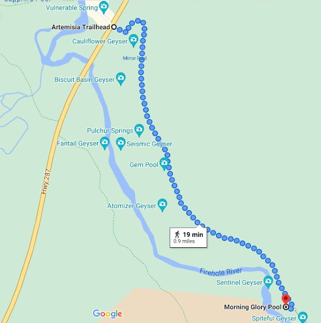 Map of Artemesia Trailhead to Morning Glory Pool Yellowstone National Park