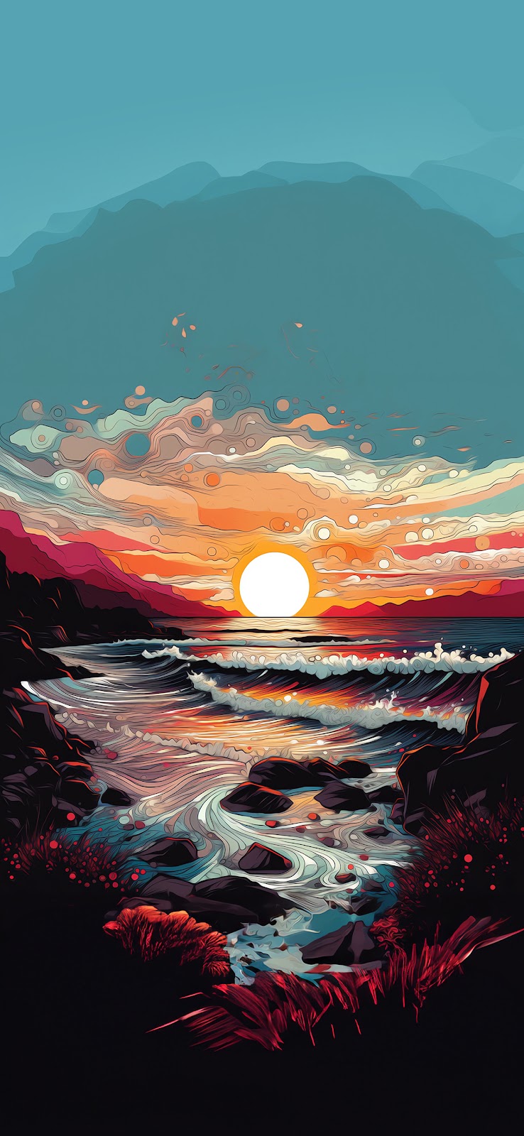 A vibrant iPhone wallpaper featuring a colorful sunset over a rocky coastline with waves crashing on the shore.