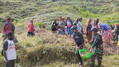 Satgas Yonif 310/KK Di Distrik Okbibab, Melaksanakan Karya Bakti Bersama Anggota DPRD Kab. Pegunungan Bintang Papua