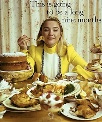 Florence Pugh in front of a large place setting of delicious sweet foods with the caption it's going to be a long nine months