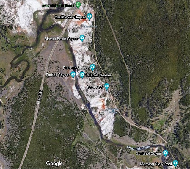 Map of Artemesia Trailhead to Morning Glory Pool Yellowstone National Park