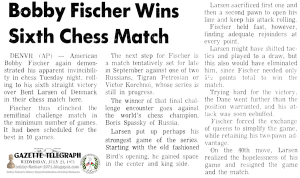 Bobby Fischer Wins Sixth Chess Match