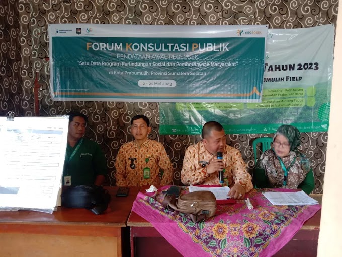 Patih Galung , 04 Mei 2023                  Kegiatan Forum Konsultasi Publik yang diadakan Oleh Badan Pusat Statistik tentang, " Satu Data Program Perlindungan Sosial dan Pemberdayaan Masyarakat " dikota Prabumulih , Sumatera Selatan dihadiri Oleh Lurah Patih Galung Deni Tajudin , SP dan Lurah Tebing Tanah Putih Edi Dahrul , SE , Sekretaris Lurah Pice Pitri Ani, S.Kep staff Kasi Pemerintahan Kelurahan Patih Galung Pukul 14.00 s/d Selesai 