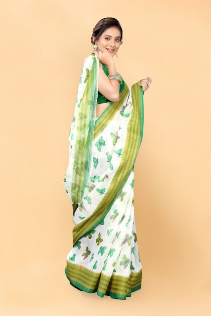 White and Green Cotton Printed Casual Saree