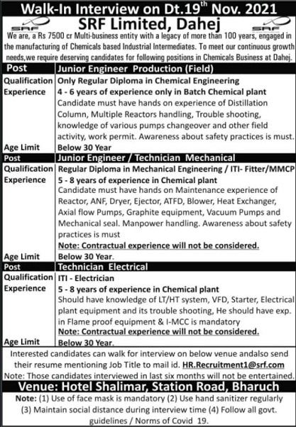 SRF limited | Walk-in for Production/Electrical/Mechanical technicians on 19th Nov 2021