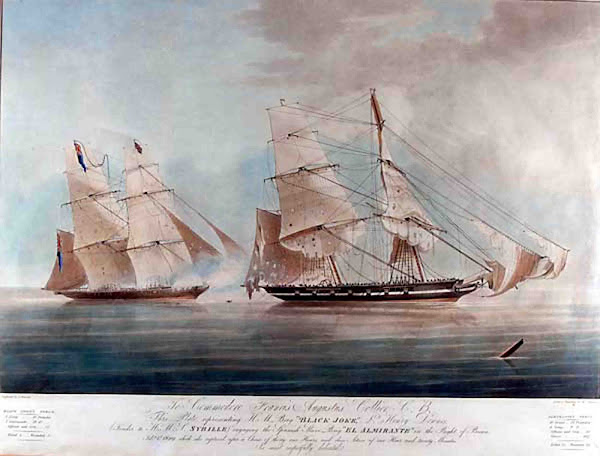 Imagen 580A | Captura del barco de esclavos El Almirante por la Royal Navy británica en el siglo XIX. HMS Black Joke liberó a 466 esclavos. | Dominio público / anónimo