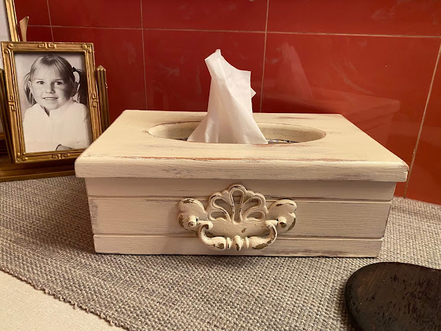 Photo of a thrifted & upcycled wooden tissue box holder.