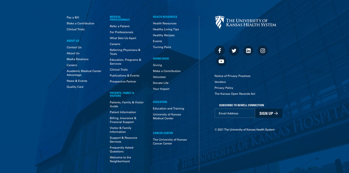 The University of Kansas Health System's hospital website footer