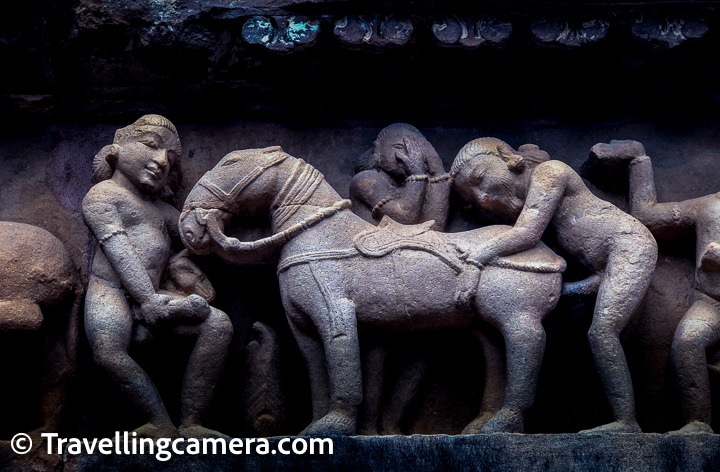 A panel on the south has a sculpture of Varaha with a human body and a boar's head, as he emerges from the primeval waters carrying Bhudevi, the goddess earth, out to safety. There is a hint of tenderness and affection as the goddess places her hand gently on the Varaha's snout, as if to thank him for rescuing her.