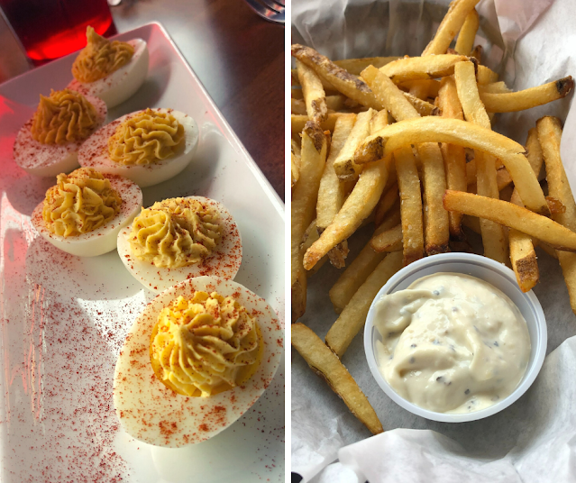 Deviled eggs and fries with parmesan aioli make for tempting sides at Sandwich Bar.