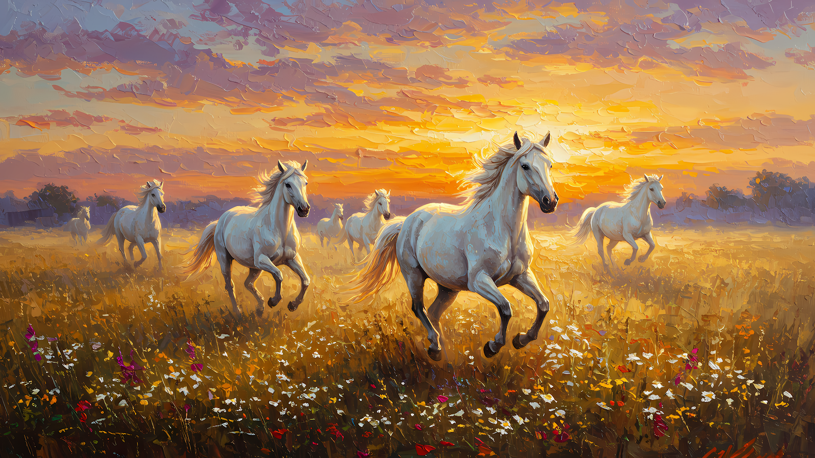 Painting of white horses running through a field of wildflowers at sunset