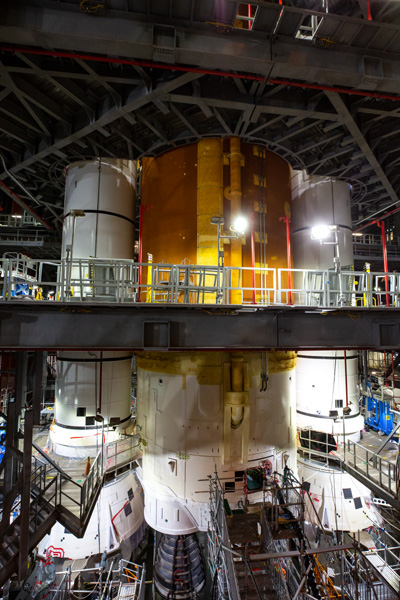 A snapshot of the bottom half of the Space Launch System inside the Vehicle Assembly Building at NASA's Kennedy Space Center in Florida...on January 10, 2022.