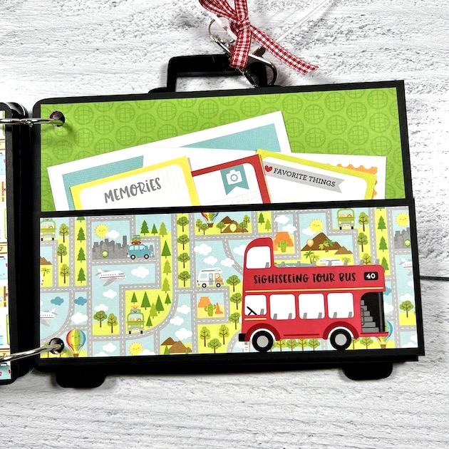 Travel Suitcase Shaped Mini Scrapbook Album Page with a pocket, journaling cards, a red bus, and a map