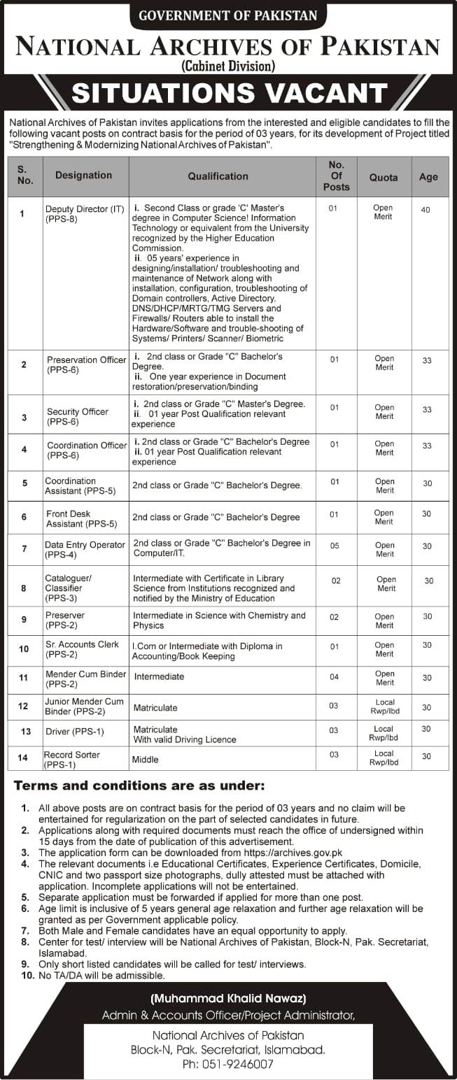 NATIONAL ARCHIVES OF PAKISTAN JOBS 2021