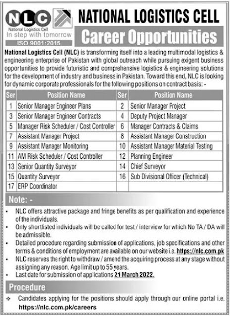 National Logistic Cell NLC jobs in Pakistan 2022