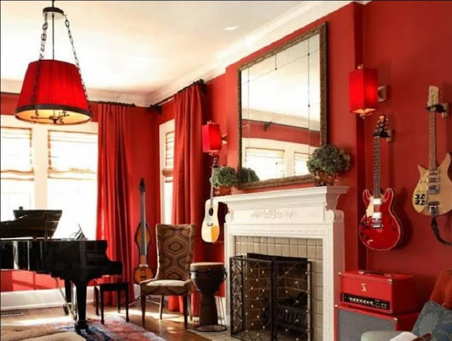 red curtains living room