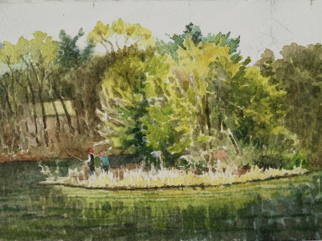 watercolor painting of peninsula with trees, marsh grasses, and two figures fishing