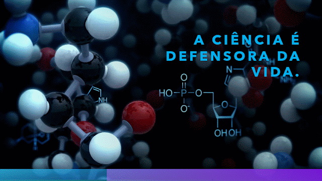 O vídeo com desenho animado. Mostra aspectos químicos, laboratório de pesquisa cientifica. Ao lado  está inscrito: A Ciência é defensora da vida.