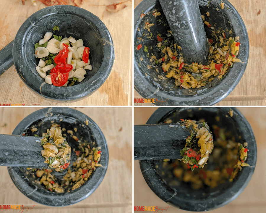 This is a collage of pictures of the spices for tamarind sauce being pressed