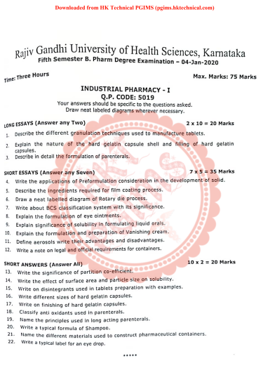 BP502T Formulative (Industrial) Pharmacy RGUHS 5th Semester B.Pharmacy Previous Year's Question Paper,BP502T Formulative (Industrial) Pharmacy,BPharmacy,BPharm 7th Semester,Previous Year's Question Papers,Rajiv Gandhi University of Health Sciences (RGUHS),