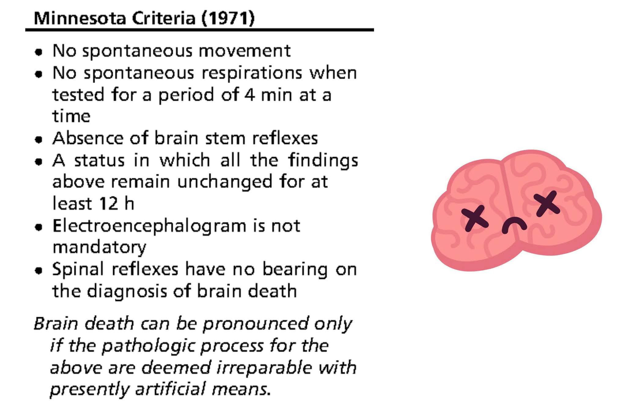 Minnesota Criteria for diagnosis of Brain stem death.