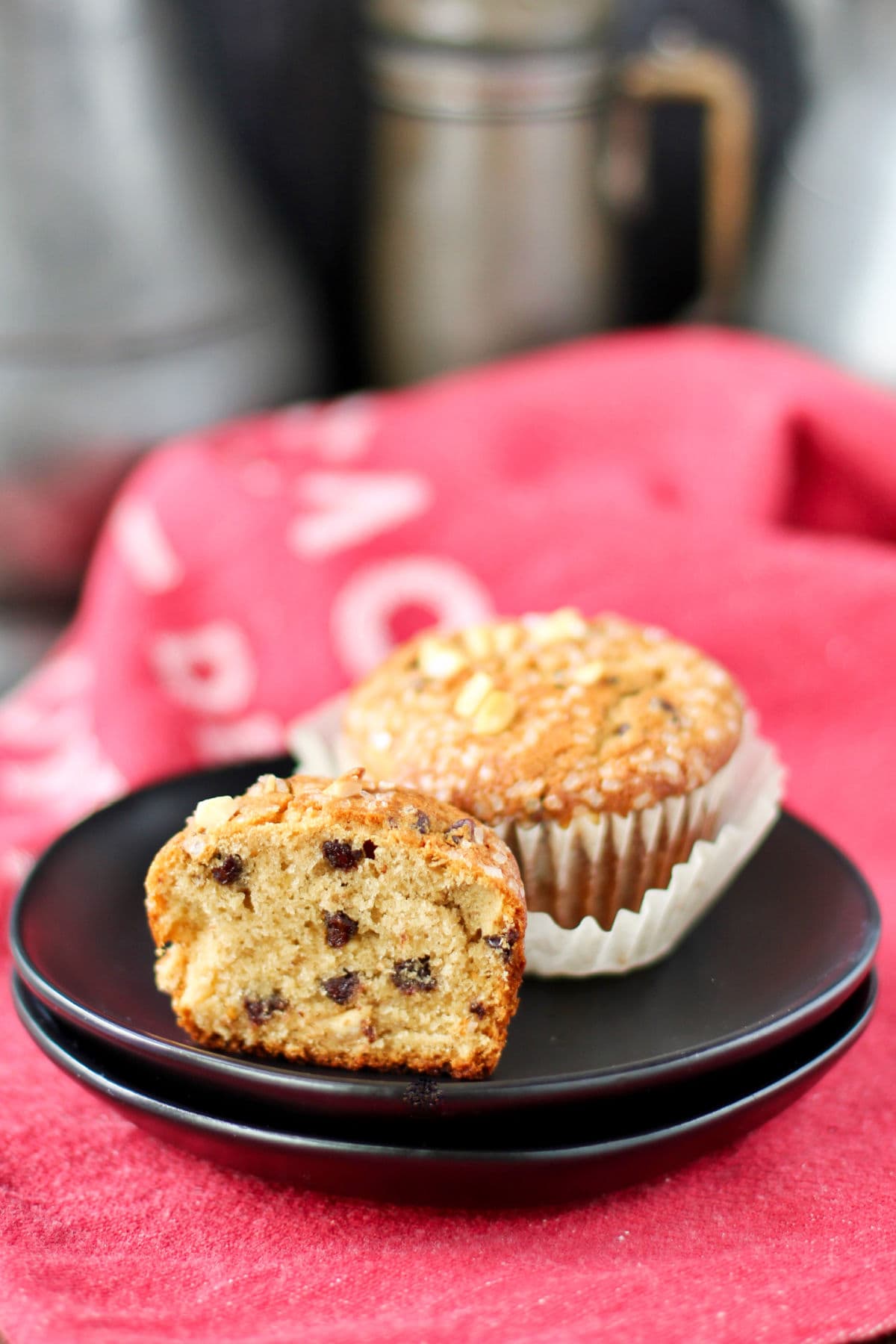 Peanut Butter Banana Muffins sliced in half.