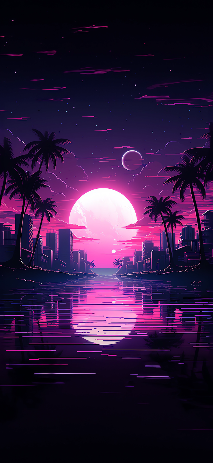 A vibrant iPhone wallpaper featuring a neon pink moon, palm trees, and a futuristic city reflected in the water.

