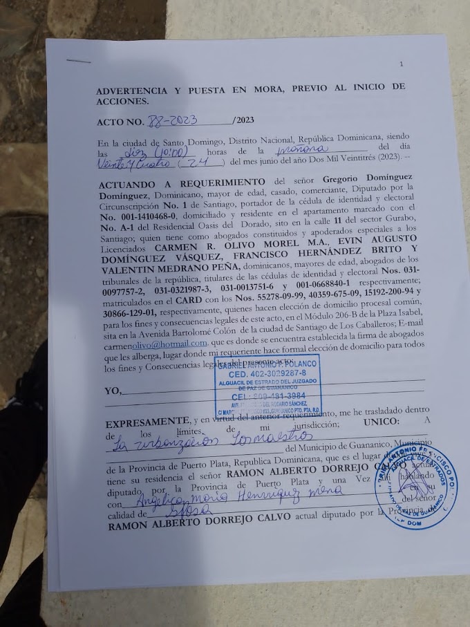 Notifican Diputado Ramon Dorrejo de Guananico por Difamación al Diputado Fausto Gregorio Domínguez