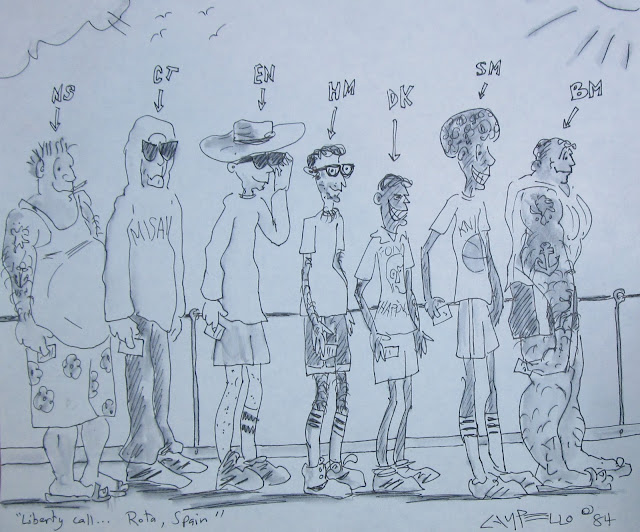 Sailors at the liberty line - a Navy cartoon from the 1980s by Lenny Campello