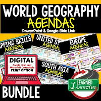World Geography Agendas, Mapping Skills, Five Themes, People and Resources, United States, Canada, Europe, Latin America, Russia, Middle East, North Africa, Sub-Saharan Africa, Asia, Australia, Antarctica