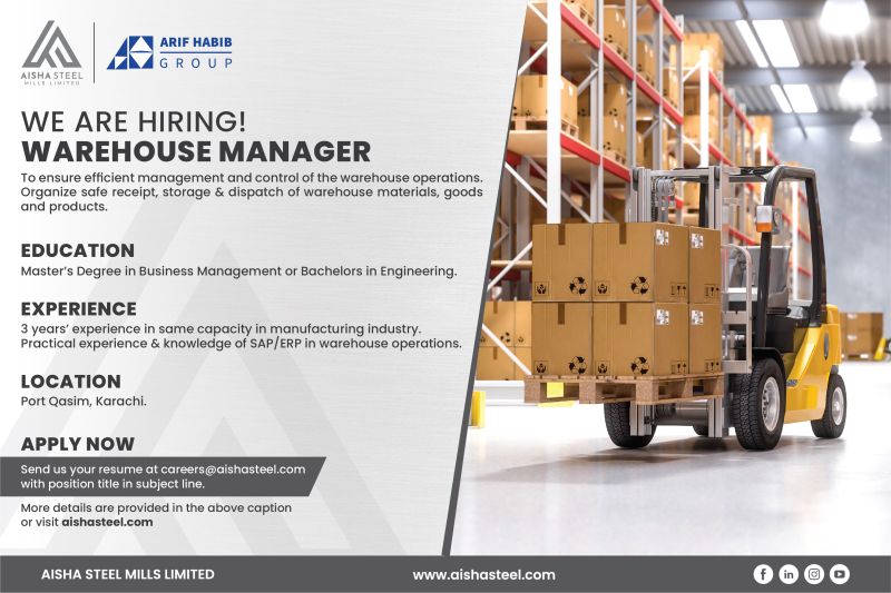 Aisha Steel Mills Limited ASML Jobs  Warehouse Manager