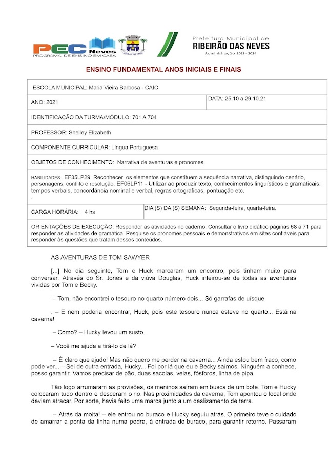 Português 7 ano - Semana 25/10 a 29/10/21 - Turmas 701 a 704