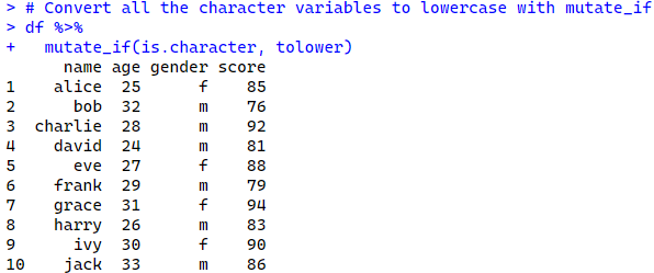 Convert all the character variables to lowercase with mutate_if using function of dplyr package in R