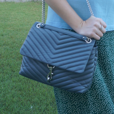 Rebecca Minkoff Edie regular shoulder bag in Luna blue with green daisy print skirt | awayfromtheblue