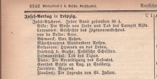 Annonce dans un journal de la sortie des douze premiers volumes de la collection Insel-Bücherei ; Rilke, Cervantes, Goethe, Hoffmannsthal, Flaubert...