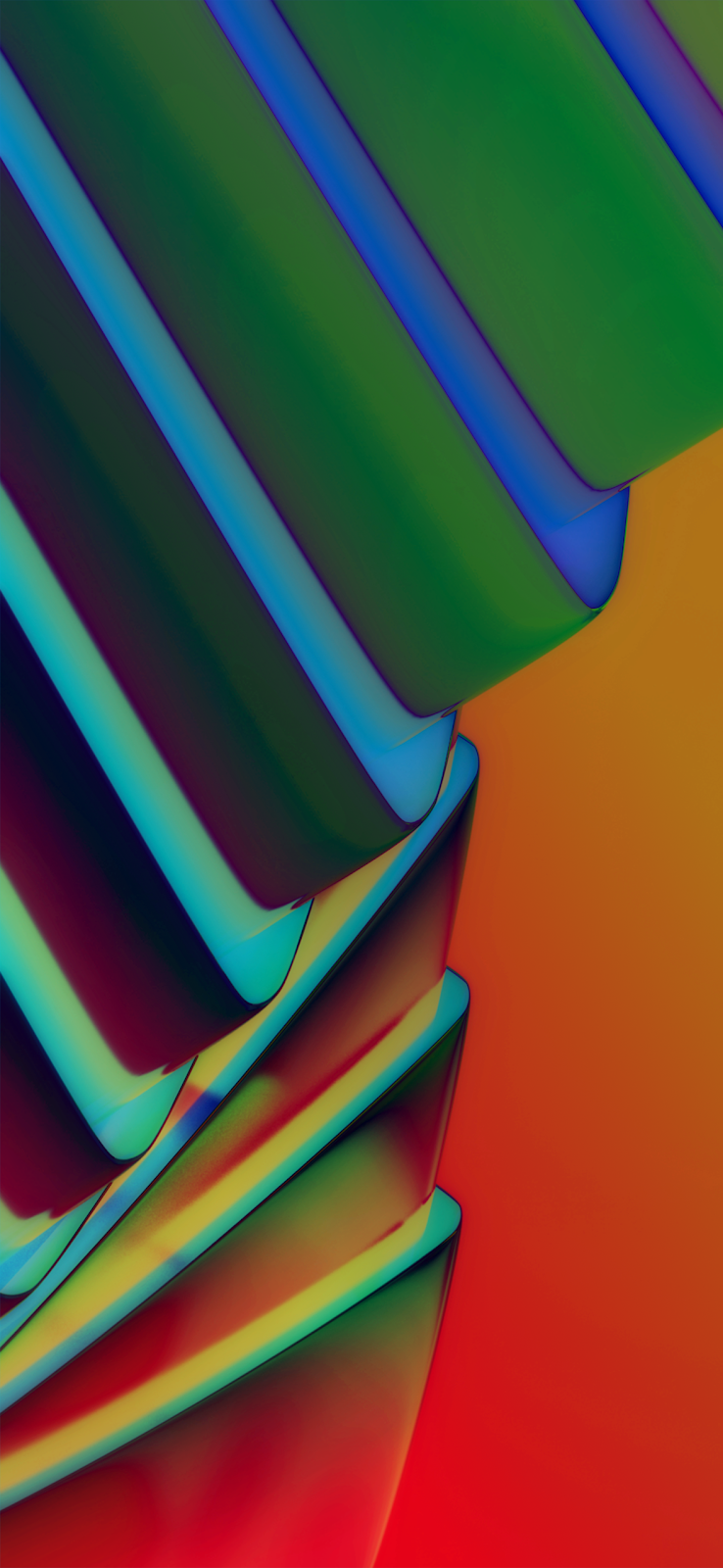 A vibrant abstract wallpaper featuring overlapping geometric shapes in shades of green, blue, and purple against an orange background.

