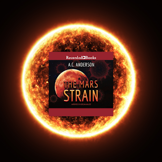 Image of a solar eclipse, fiery circle around the moon, and over that is the audiobook cover for The Mars Strain banded in Recorded Books red and an image of the Red Planet.