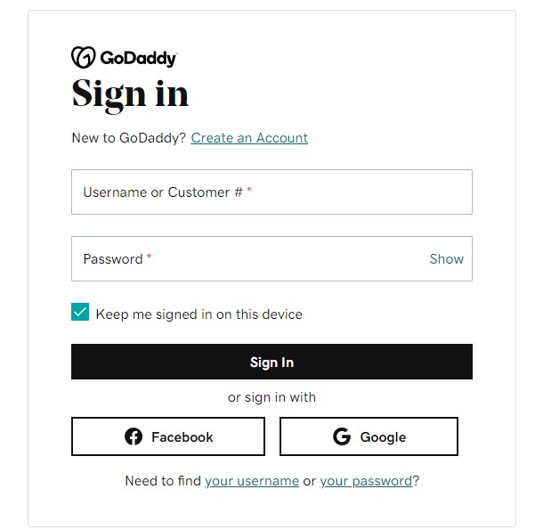 GoDaddy Home Page login password