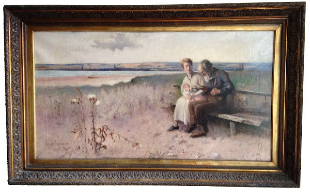 Untitled oil painting on canvas of a woman and baby sitting beside an old man, (Bench scene) by James Thwaite Irving, in 1885.