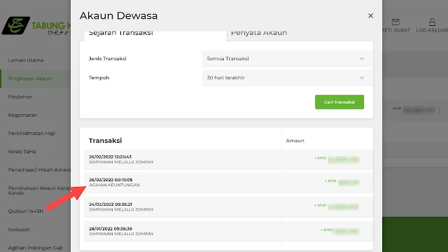 cara semak agihan pendapatan tabung haji guna thijari